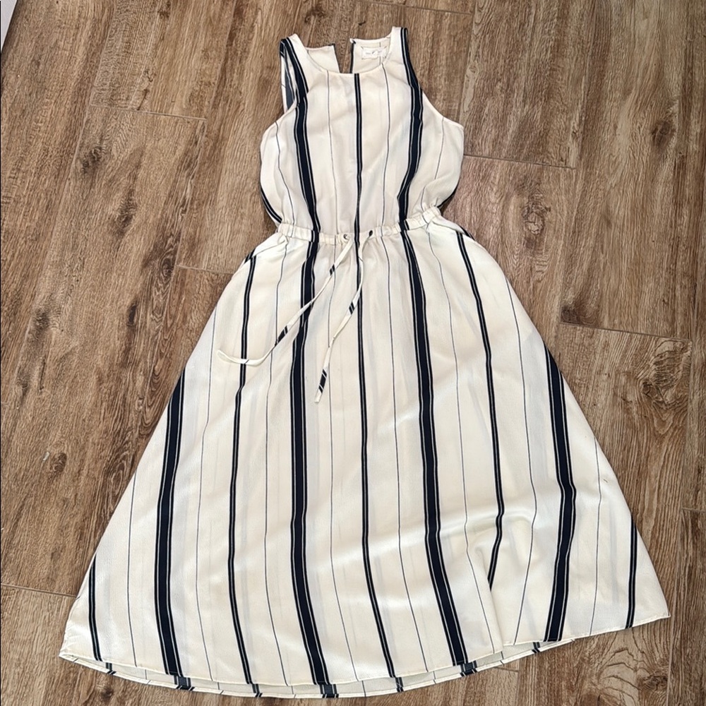 Sleeveless White Dress with Navy Vertical Stripes
